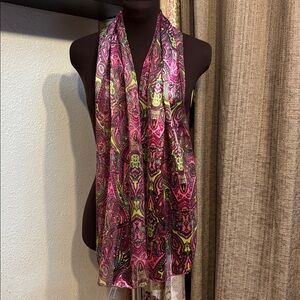 XOXO elegant semi-sheer pink and green paisley floral scarf.